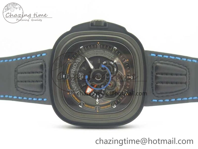 SevenFriday PVD P3B 01 SVF 1:1 Best Edition on Black Blue Leather Strap Miyota 82S7(Free Rubber Strap)
