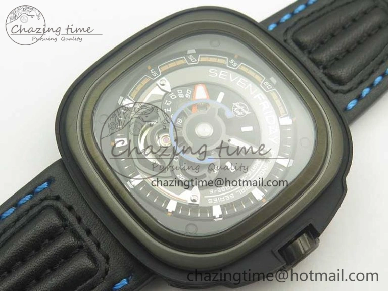 SevenFriday PVD P3B 01 SVF 1:1 Best Edition on Black Blue Leather Strap Miyota 82S7(Free Rubber Strap)