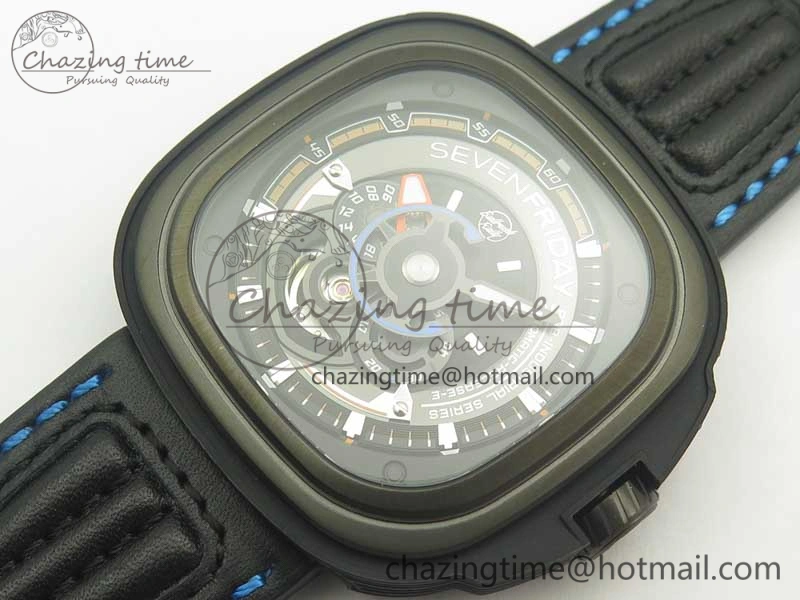 SevenFriday PVD P3B 01 SVF 1:1 Best Edition on Black Blue Leather Strap Miyota 82S7(Free Rubber Strap)