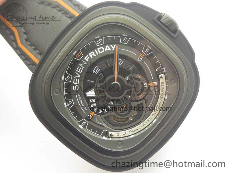 SevenFriday PVD P3B 01 SVF 1:1 Best Edition on Black Orange Leather Strap Miyota 82S7(Free Rubber Strap)