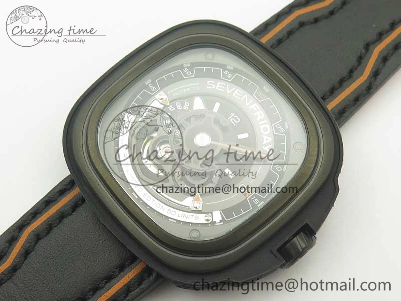 SevenFriday PVD P3B 01 SVF 1:1 Best Edition on Black Orange Leather Strap Miyota 82S7(Free Rubber Strap)