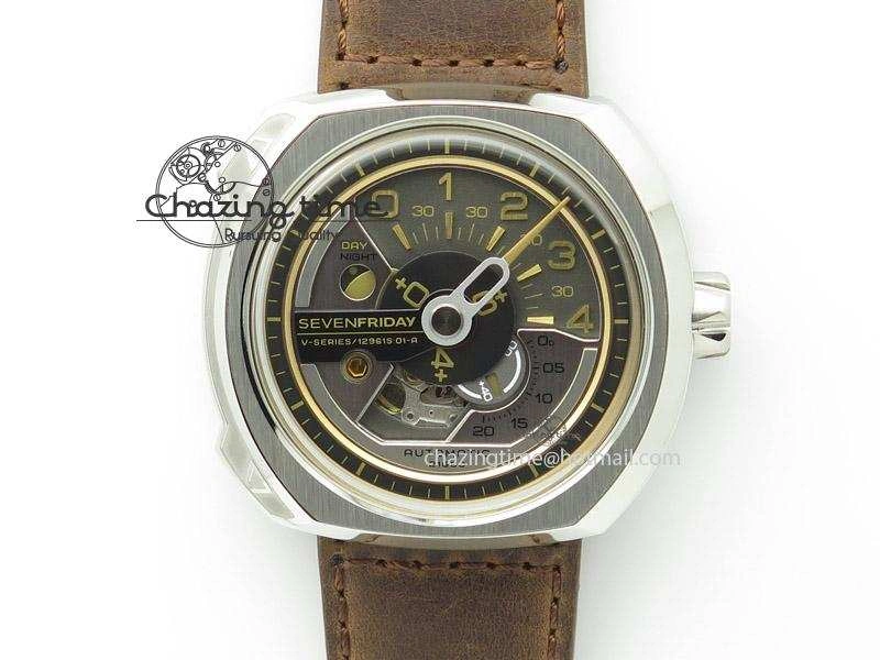 SevenFriday V2-01 V6F 1:1 Best Edition Black Silver Dial On Brown Leather Strap Miyota 82S7