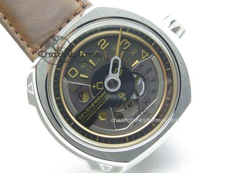 SevenFriday V2-01 V6F 1:1 Best Edition Black Silver Dial On Brown Leather Strap Miyota 82S7
