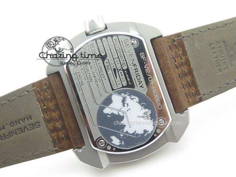 SevenFriday V2-01 V6F 1:1 Best Edition Black Silver Dial On Brown Leather Strap Miyota 82S7