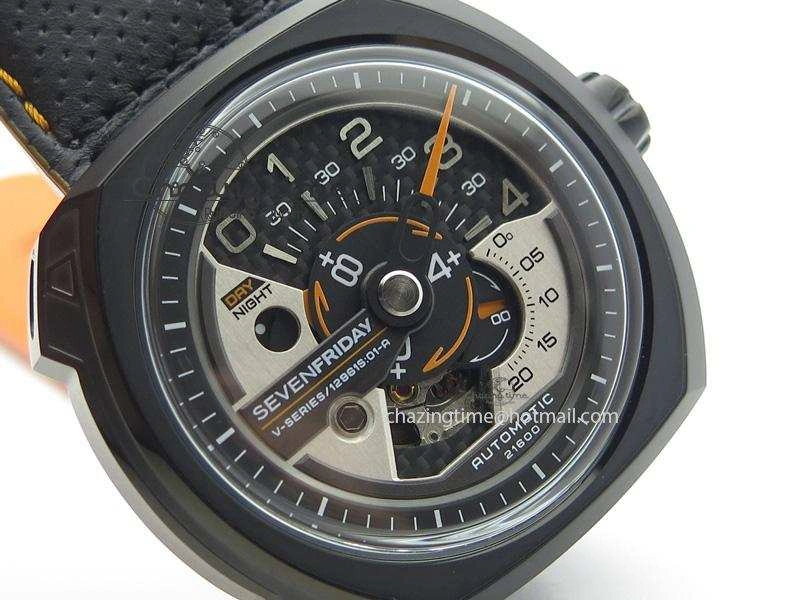 SevenFriday V3-02-GR V6F Best Edition Black Silver Dial Orange Hand On Black Leather Strap Miyota 82S7