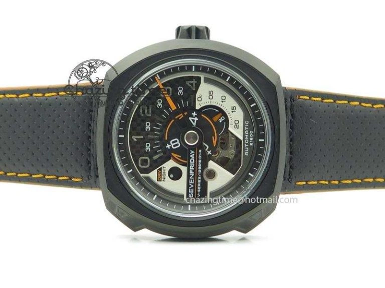 SevenFriday V3-02-GR V6F Best Edition Black Silver Dial Orange Hand On Black Leather Strap Miyota 82S7
