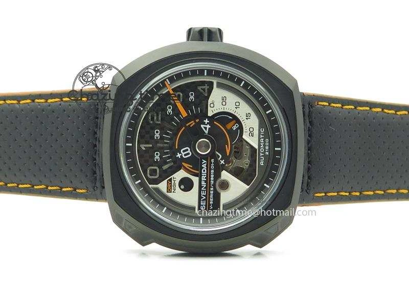 SevenFriday V3-02-GR V6F Best Edition Black Silver Dial Orange Hand On Black Leather Strap Miyota 82S7