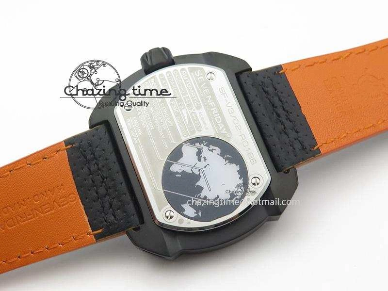 SevenFriday V3-02-GR V6F Best Edition Black Silver Dial Orange Hand On Black Leather Strap Miyota 82S7