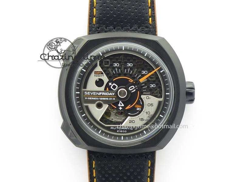 SevenFriday V3-02-GR V6F Best Edition Black Silver Dial Orange Hand On Black Leather Strap Miyota 82S7