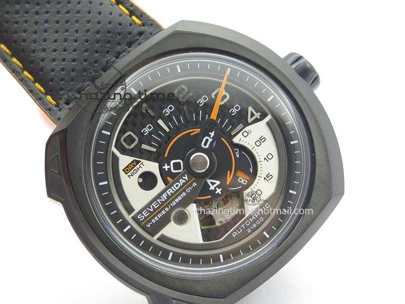 SevenFriday V3-02-GR V6F Best Edition Black Silver Dial Orange Hand On Black Leather Strap Miyota 82S7
