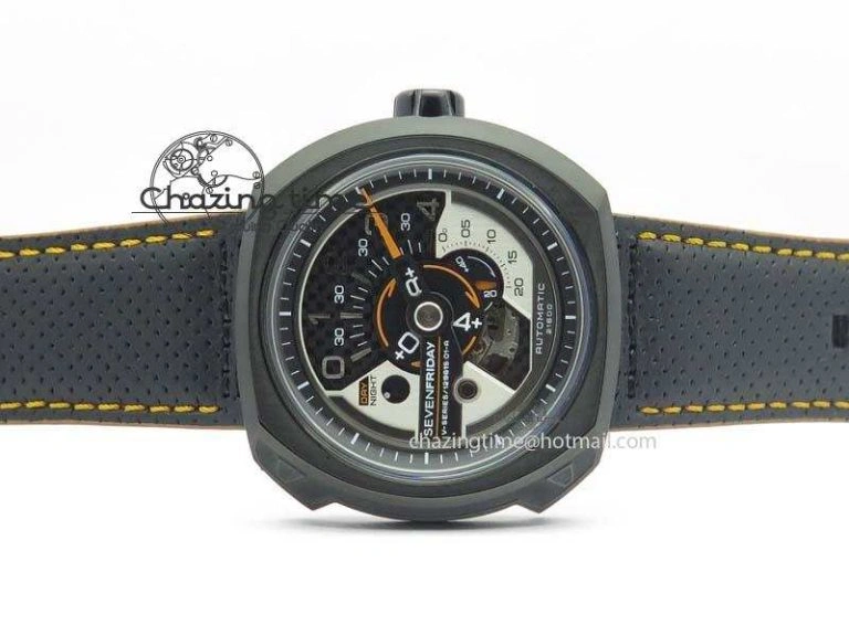 SevenFriday V3-02-GR V6F Best Edition Black Silver Dial Orange Hand On Black Leather Strap Miyota 82S7