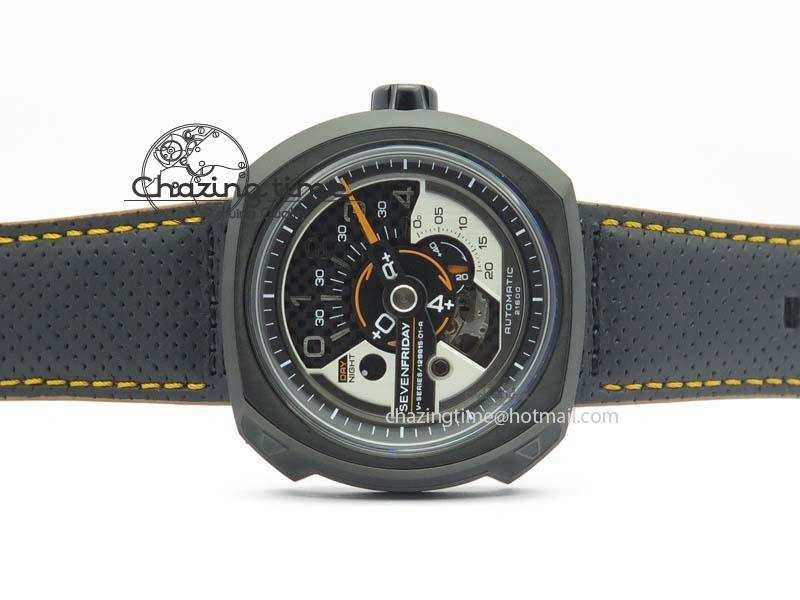 SevenFriday V3-02-GR V6F Best Edition Black Silver Dial Orange Hand On Black Leather Strap Miyota 82S7