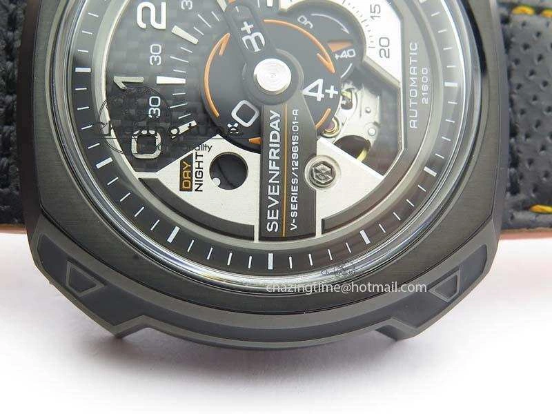 SevenFriday V3-02-GR V6F Best Edition Black Silver Dial Orange Hand On Black Leather Strap Miyota 82S7