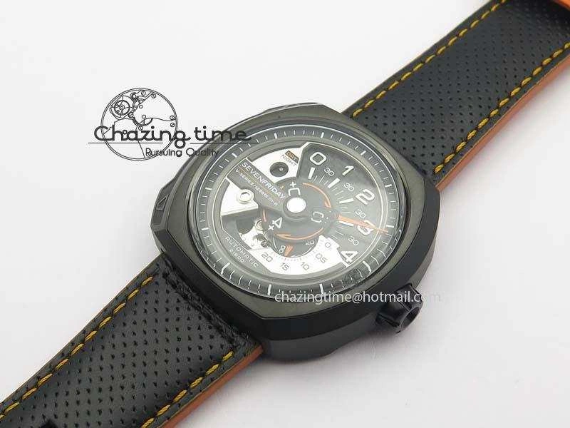 SevenFriday V3-02-GR V6F Best Edition Black Silver Dial Orange Hand On Black Leather Strap Miyota 82S7