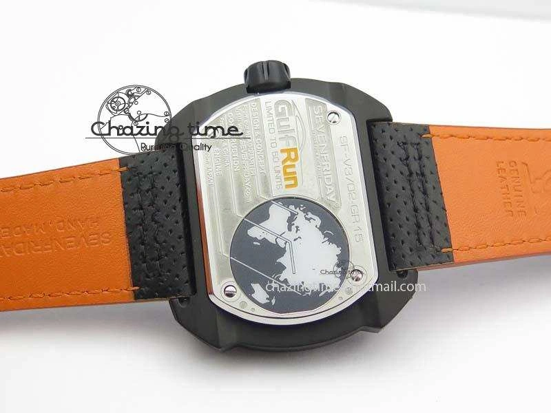 SevenFriday V3-02-GR V6F Best Edition Black Silver Dial Orange Hand On Black Leather Strap Miyota 82S7