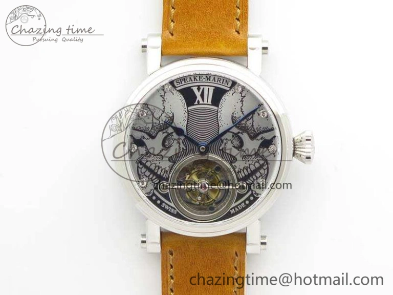 Speake Marin SS Case Silver Dial On Brown Leather Strap Asian EQ Tourbillon (Free Leather Strap)