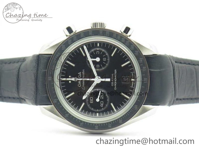 SpeedMaster MoonWatch SS OMF 1:1 Best Edition Black Dial White Handset On Leather Strap A9300 V2