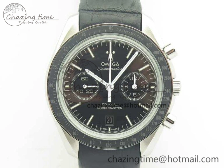 SpeedMaster MoonWatch SS OMF 1:1 Best Edition Black Dial White Handset On Leather Strap A9300 V2