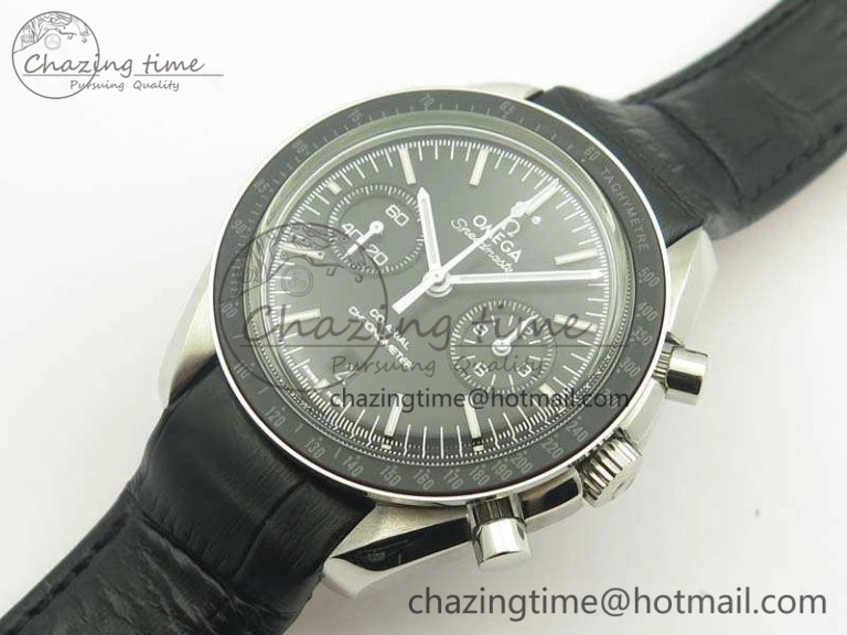 SpeedMaster MoonWatch SS OMF 1:1 Best Edition Black Dial White Handset On Leather Strap A9300 V2