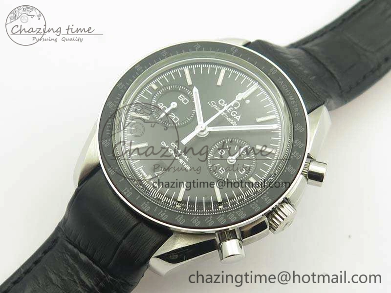 SpeedMaster MoonWatch SS OMF 1:1 Best Edition Black Dial White Handset On Leather Strap A9300 V2