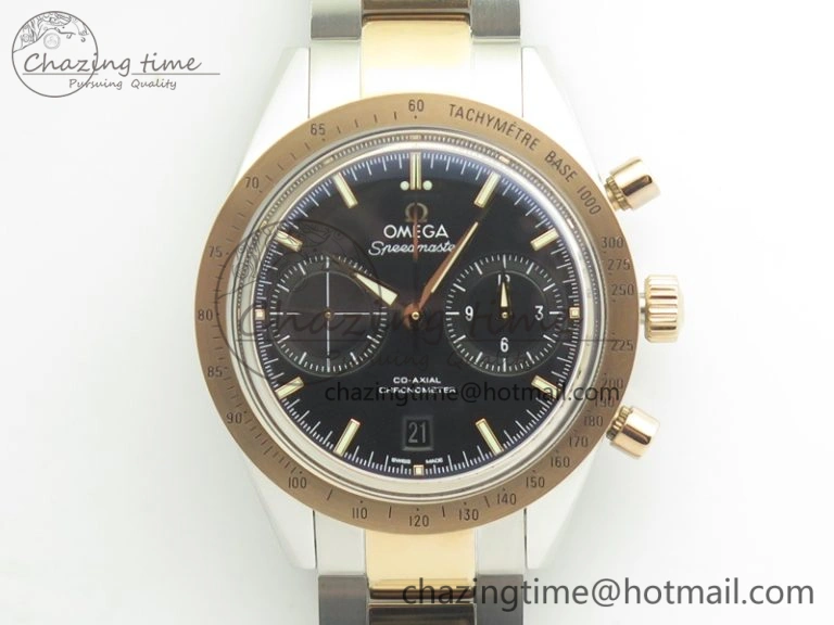 Speedmaster ’57 Co-Axial SS RG OMF 1:1 Best Edition Black Dial On SS RG Bracelet A9300 (Free Leather Strap)