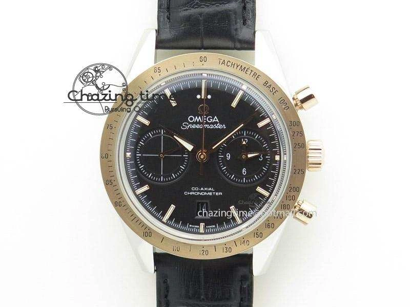 Speedmaster ’57 SS Chrono AXF Best Edition RG Bezel Black Dial on Black Leather Strap A7750