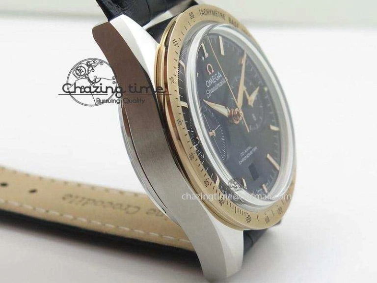 Speedmaster ’57 SS Chrono AXF Best Edition RG Bezel Black Dial on Black Leather Strap A7750