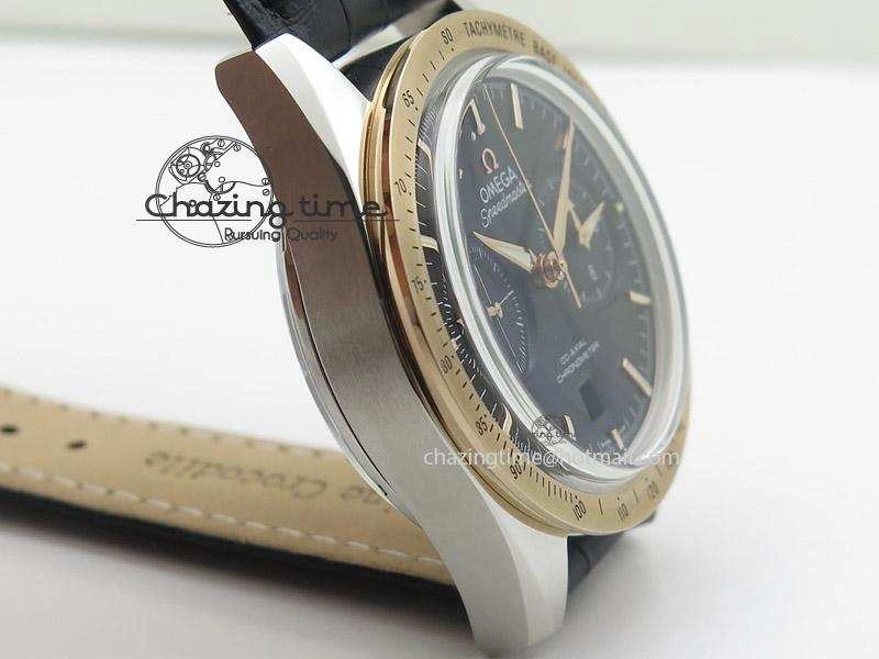 Speedmaster ’57 SS Chrono AXF Best Edition RG Bezel Black Dial on Black Leather Strap A7750