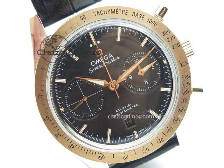 Speedmaster ’57 SS Chrono AXF Best Edition RG Bezel Black Dial on Black Leather Strap A7750