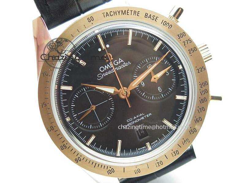 Speedmaster ’57 SS Chrono AXF Best Edition RG Bezel Black Dial on Black Leather Strap A7750