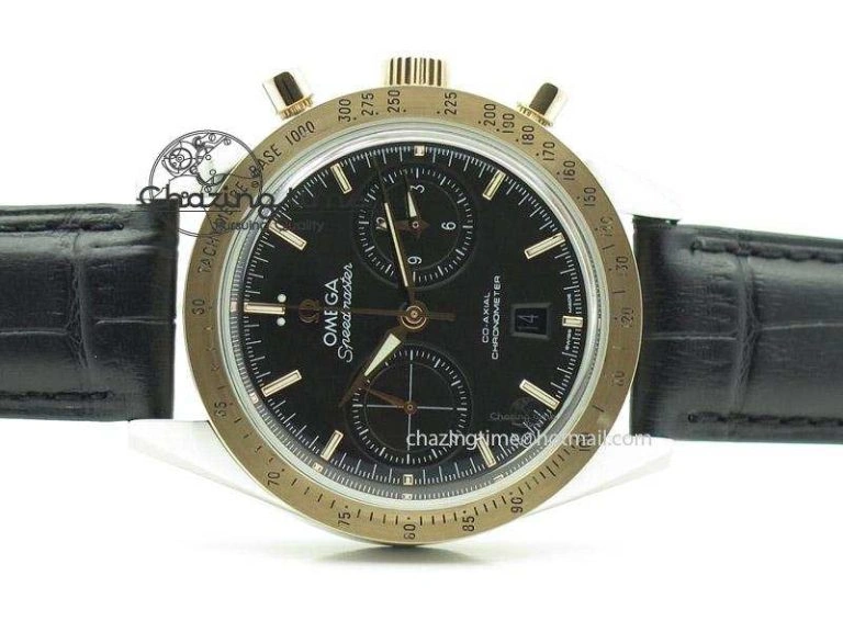 Speedmaster ’57 SS Chrono AXF Best Edition RG Bezel Black Dial on Black Leather Strap A7750