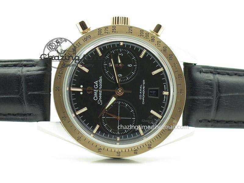 Speedmaster ’57 SS Chrono AXF Best Edition RG Bezel Black Dial on Black Leather Strap A7750