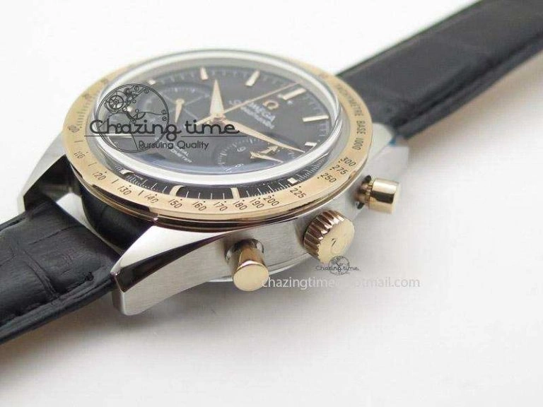 Speedmaster ’57 SS Chrono AXF Best Edition RG Bezel Black Dial on Black Leather Strap A7750
