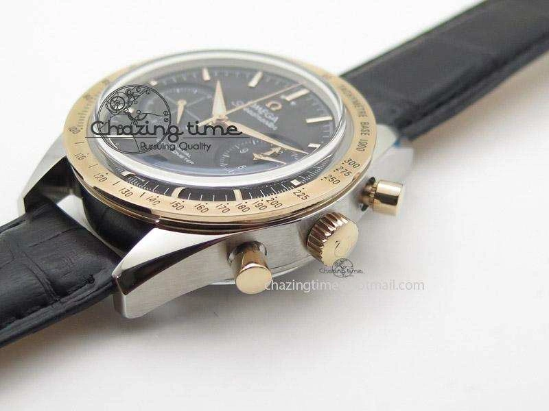 Speedmaster ’57 SS Chrono AXF Best Edition RG Bezel Black Dial on Black Leather Strap A7750
