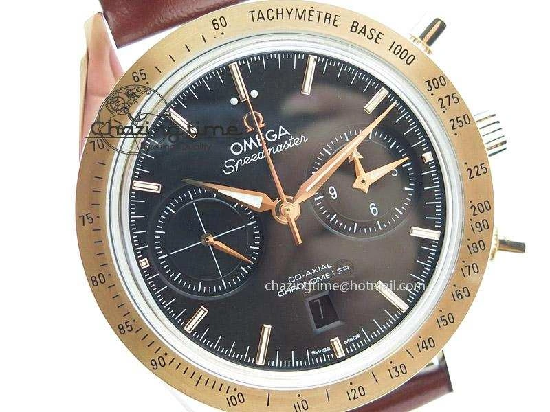 Speedmaster ’57 SS Chrono AXF Best Edition RG Bezel Black Dial on Brown Leather Strap A7750