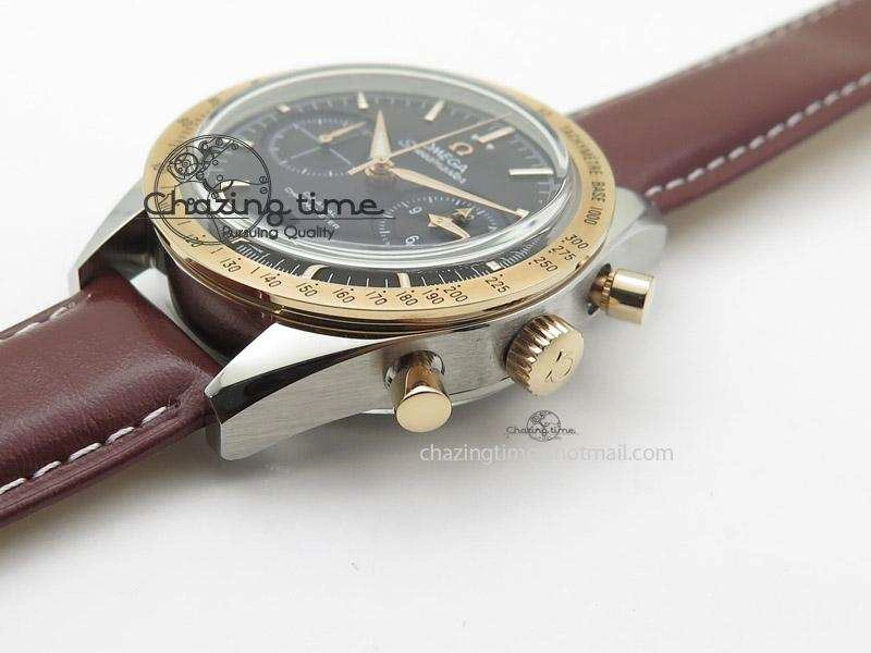 Speedmaster ’57 SS Chrono AXF Best Edition RG Bezel Black Dial on Brown Leather Strap A7750