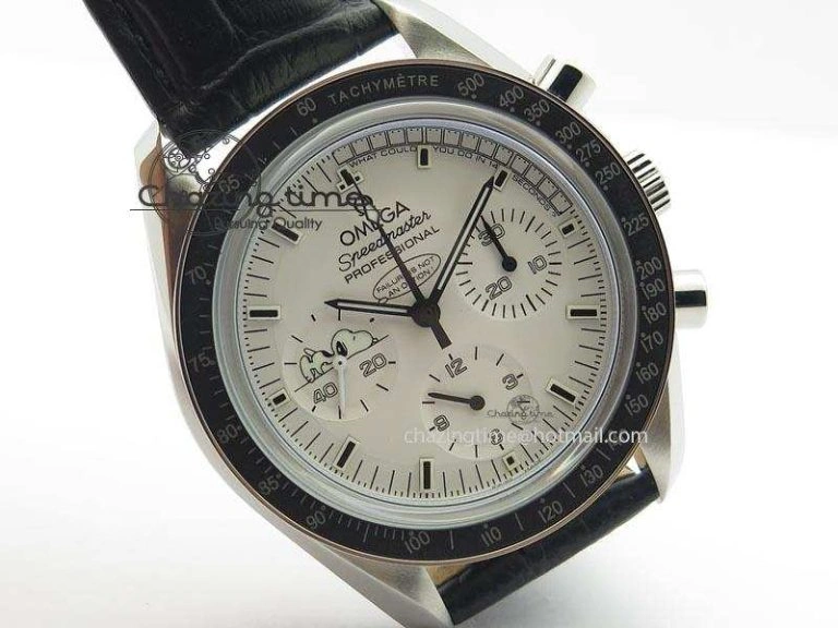 Speedmaster JHF SS Snoopy Award 45th Anniversary White Dial On Black Leather Strap