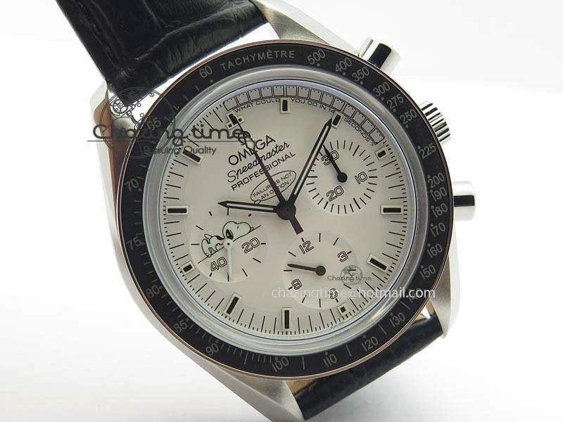 Speedmaster JHF SS Snoopy Award 45th Anniversary White Dial On Black Leather Strap