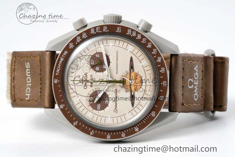 Speedmaster Misson To Saturn 1:1 Best Edition Beige Dial On Nylon Strap Quartz