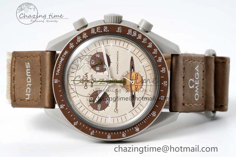Speedmaster Misson To Saturn 1:1 Best Edition Beige Dial On Nylon Strap Quartz