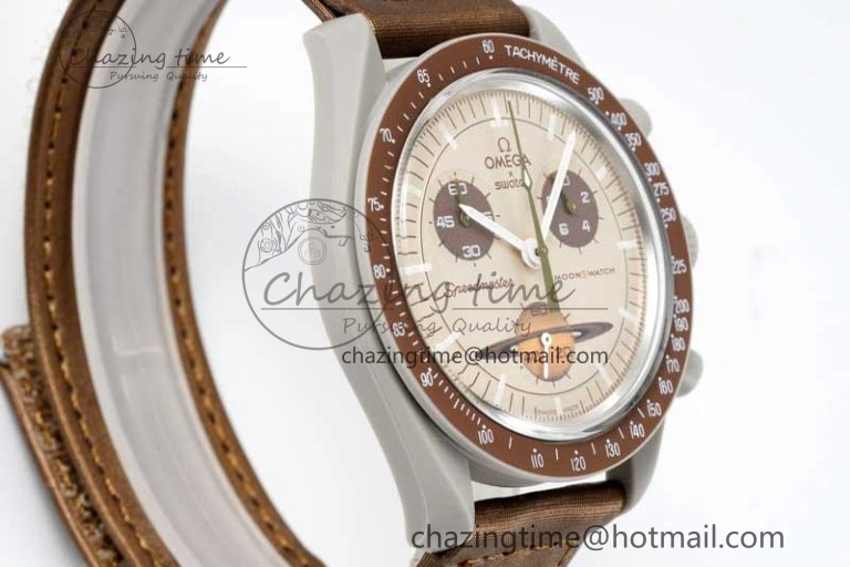 Speedmaster Misson To Saturn 1:1 Best Edition Beige Dial On Nylon Strap Quartz