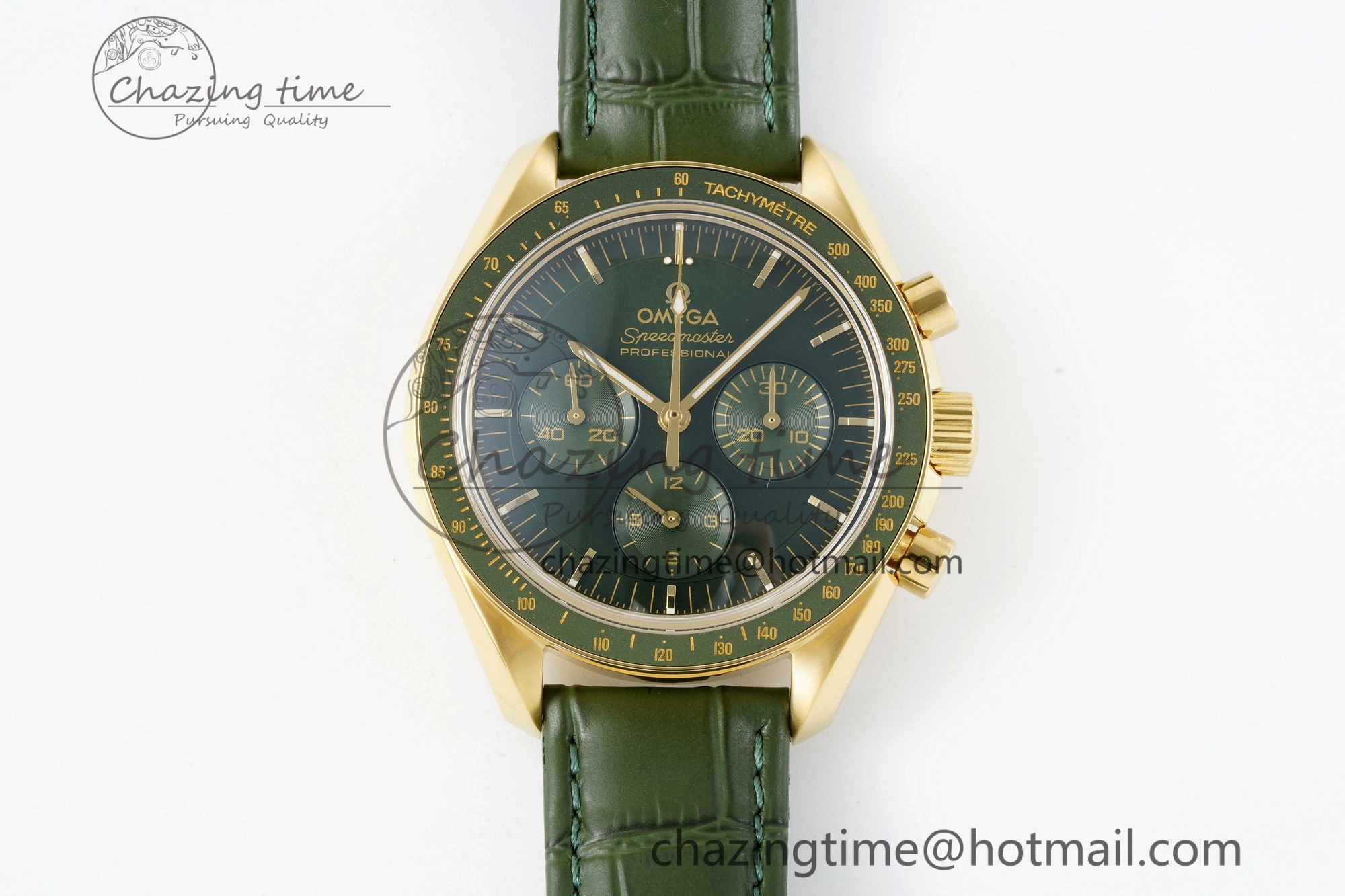 Speedmaster Moonwatch in Moonshine Gold YG RMF Best Edition Green Dial on Green Leather Strap Manual Chrono