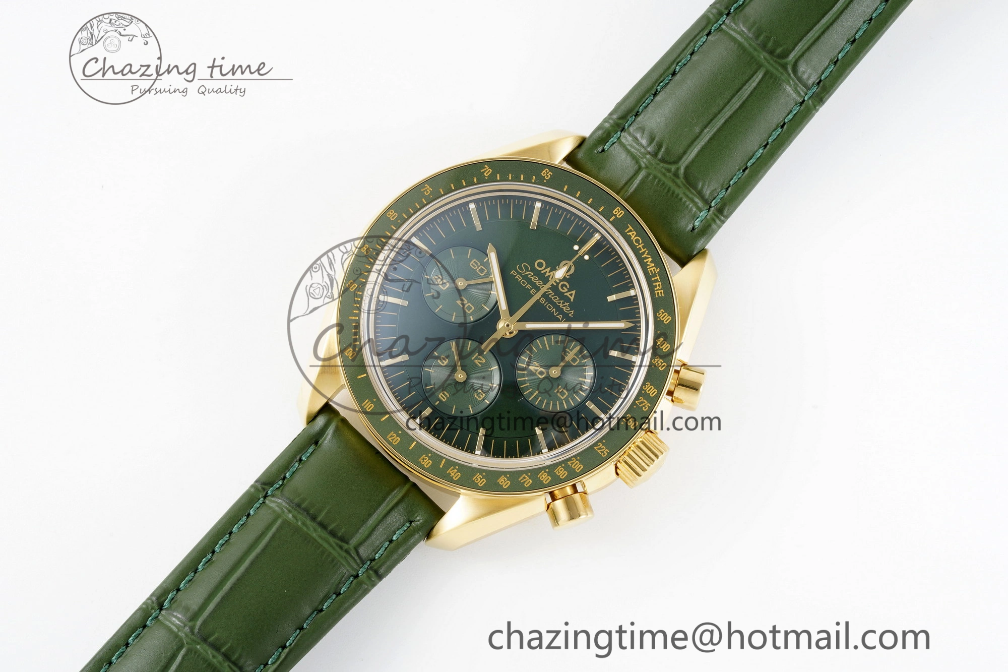 Speedmaster Moonwatch in Moonshine Gold YG RMF Best Edition Green Dial on Green Leather Strap Manual Chrono
