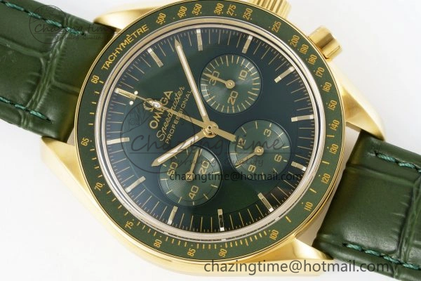 Speedmaster Moonwatch in Moonshine Gold YG RMF Best Edition Green Dial on Green Leather Strap Manual Chrono
