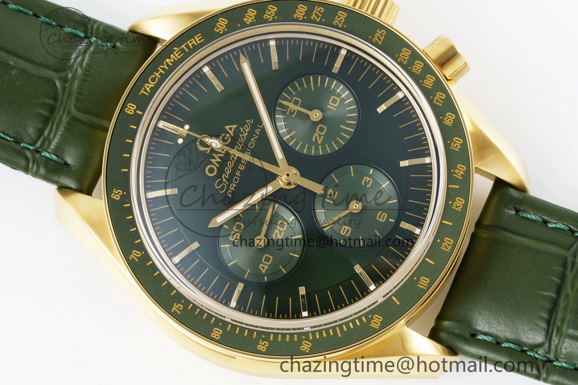 Speedmaster Moonwatch in Moonshine Gold YG RMF Best Edition Green Dial on Green Leather Strap Manual Chrono