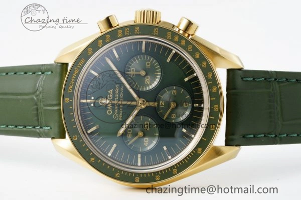 Speedmaster Moonwatch in Moonshine Gold YG RMF Best Edition Green Dial on Green Leather Strap Manual Chrono