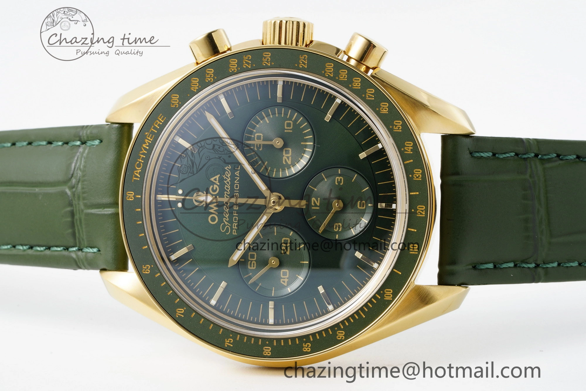 Speedmaster Moonwatch in Moonshine Gold YG RMF Best Edition Green Dial on Green Leather Strap Manual Chrono