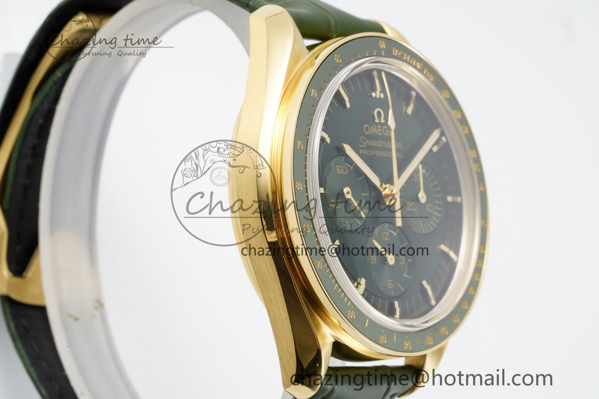 Speedmaster Moonwatch in Moonshine Gold YG RMF Best Edition Green Dial on Green Leather Strap Manual Chrono