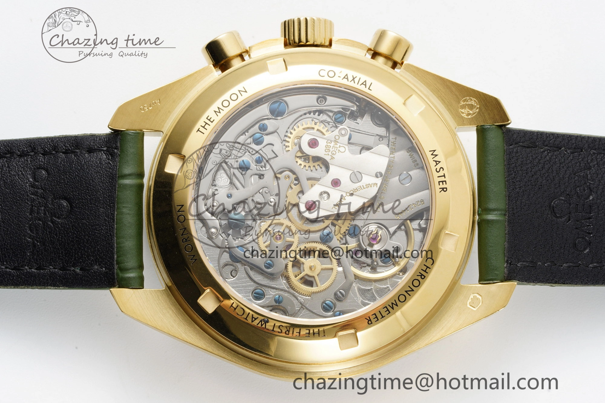 Speedmaster Moonwatch in Moonshine Gold YG RMF Best Edition Green Dial on Green Leather Strap Manual Chrono