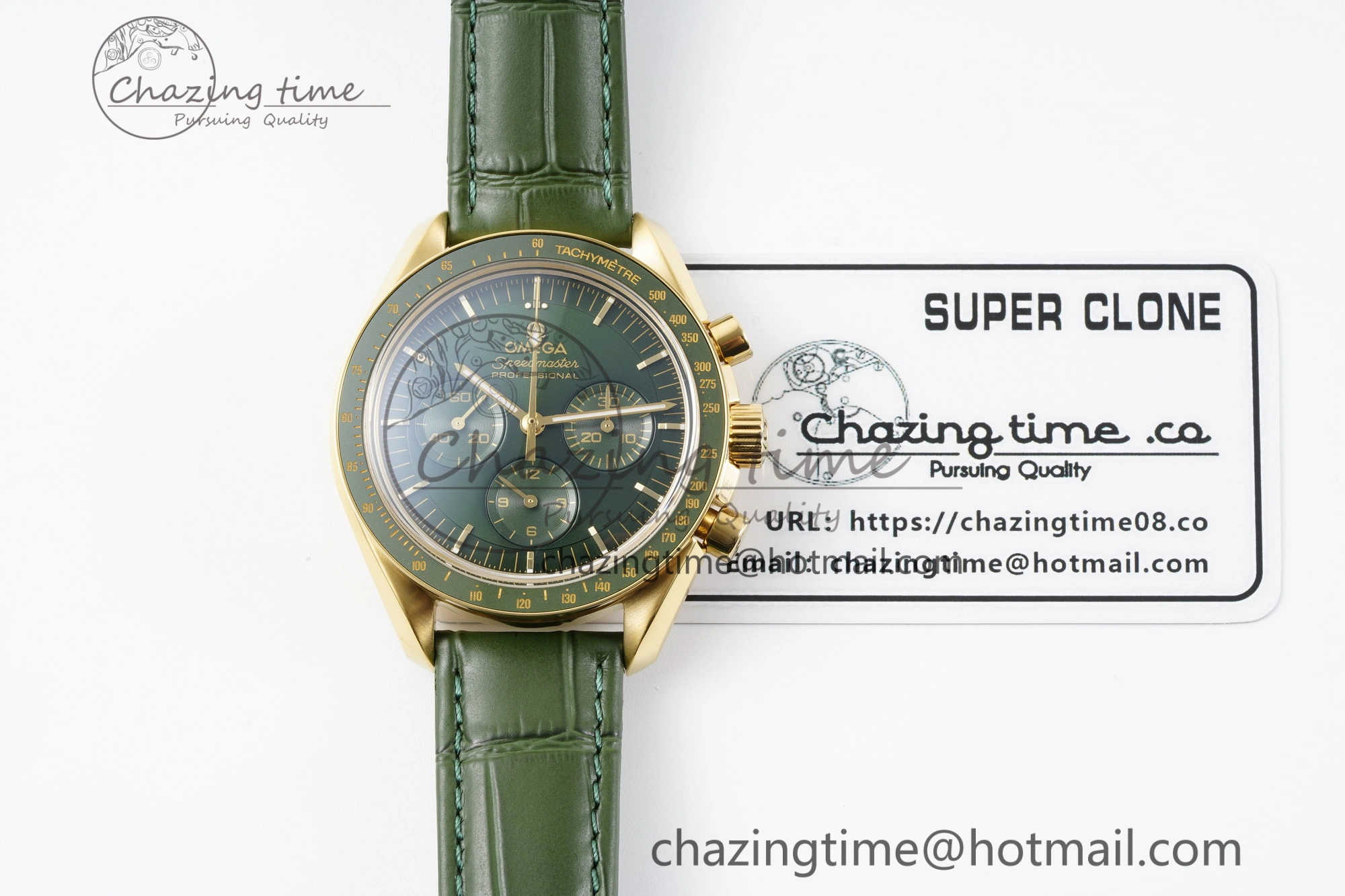 Speedmaster Moonwatch in Moonshine Gold YG RMF Best Edition Green Dial on Green Leather Strap Manual Chrono